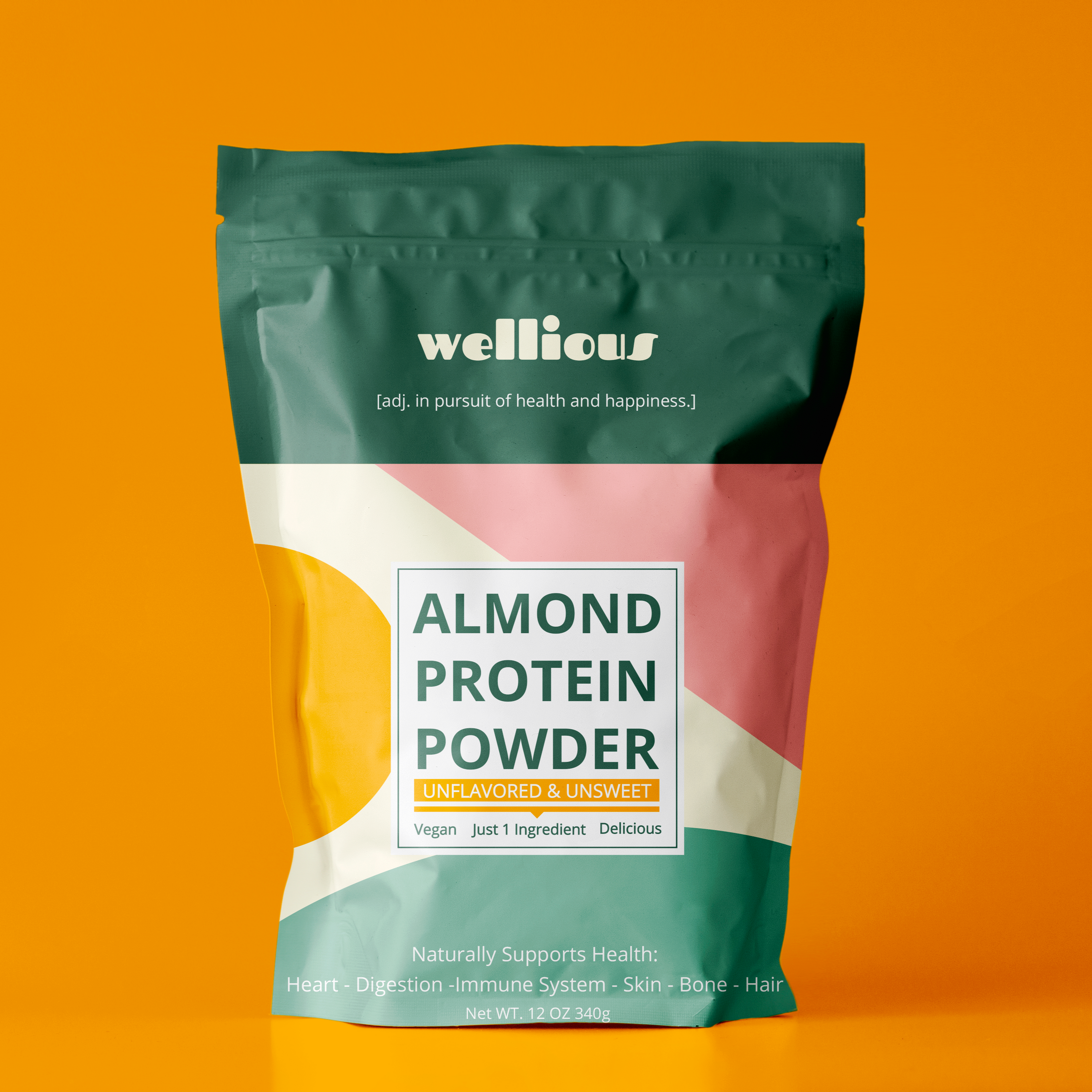 Package of wellious almond protein powder on an orange background
