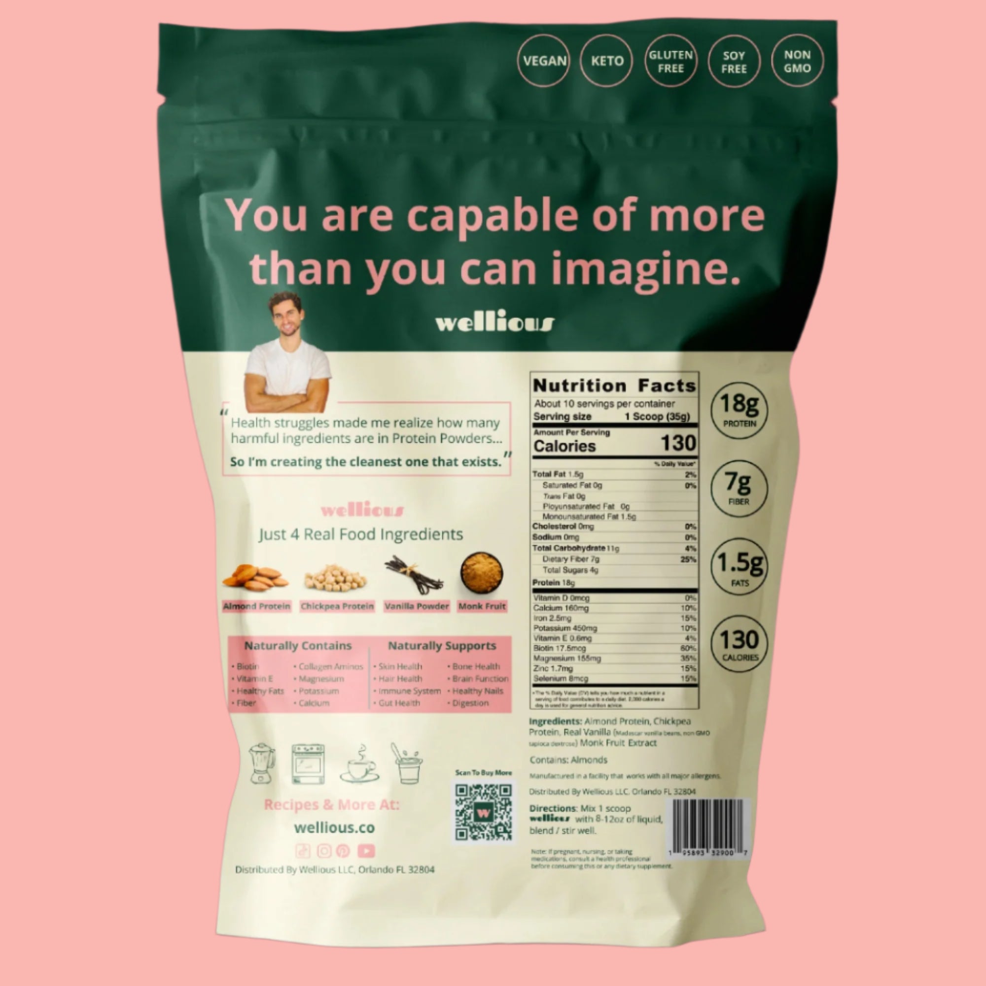 Wellious protein powder package with nutritional information and branding