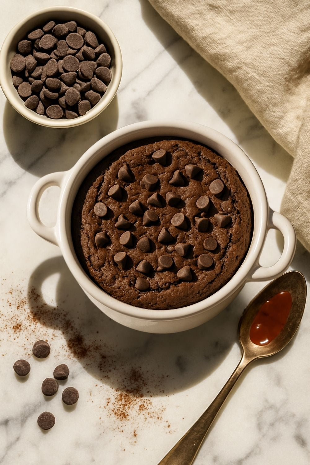 Warm single-serve chocolate protein brownie in a ramekin with melted chocolate chips.