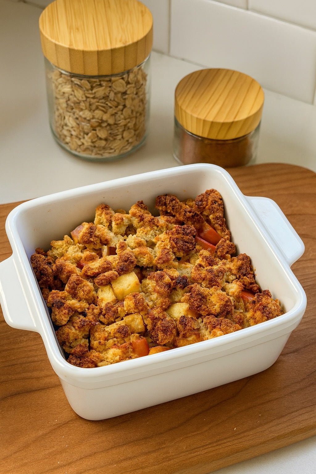 A freshly baked apple crisp with browned, chunky crumble pieces in a white square baking dish. It’s placed on a wooden board, with jars of rolled oats and cinnamon adding a cozy kitchen backdrop